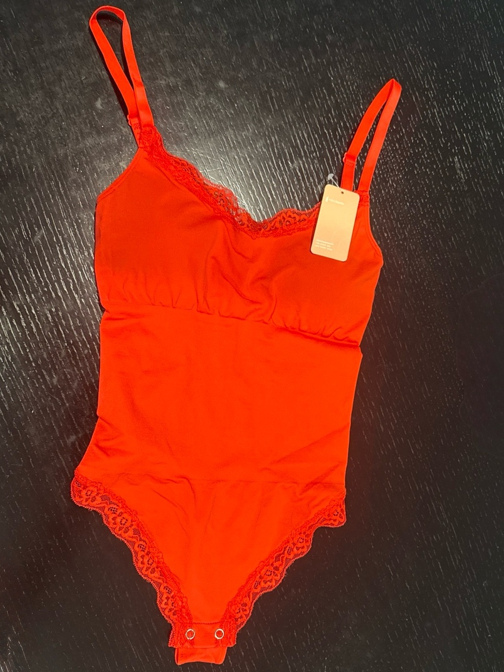 Red -Orange Lace-Trim Bodysuit - Women